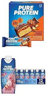 Protein on the Go Bundle: Pure Protein Bars, Chocolate Peanut Caramel, 1.76oz, 12 Count + Pure Protein Strawberry Milkshake Protein Shake, 11oz Bottles, 12 Pack