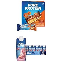 Protein on the Go Bundle Pure Protein Bars, Chocolate Peanut Caramel, 1.76oz, 12 Count + Pure Protein Strawberry Milkshake Protein Shake, 11oz Bottles, 12 Pack