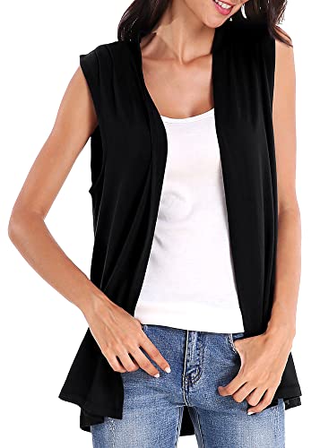 Women's Sleeveless Cardigan Open Front Vest Lightweight Cool Coat (M, Black) #TOP2
