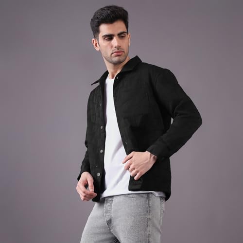 Image of Urban Scottish Men's Oversized Shacket, Long Sleeve Button Down Collared Shirt Jacket for Mens - Long Fit, Textured Fabric, Stylish Casual Outerwear