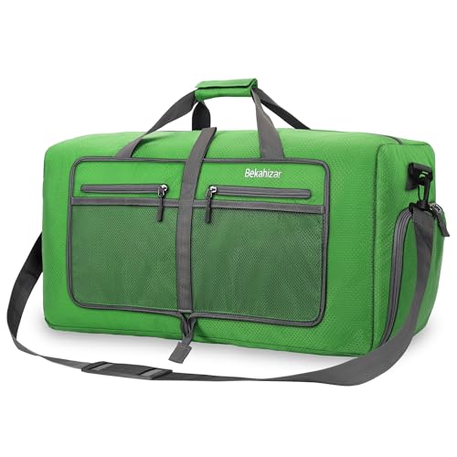 Bekahizar Leichte Faltbare Reisetasche 60L Große Travel Duffle Bag Übernachtung Taschen Verpackbar Reisegepäck Gym Sporttasche Mit Schuhfach für Herren Damen Flugzeug Camping Reisen Urlaub (grün)