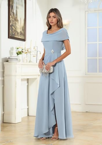 Long Chiffon Mother of The Bride Dresses with Front Slit Empire Waist Ruffles Scoop Neck Corset Plus Size4