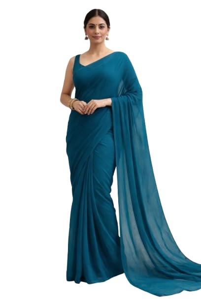 Georgette Saree Plain Morpeach Saree Women's Sari With Blouse Bollywood Saree-picture-39