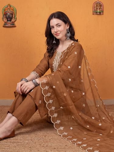 Image of INDO ERA Women's Black Silk Blend Embroidered Mirror Work Kurta & Pant with Dupatta Set (IEDDAI484)
