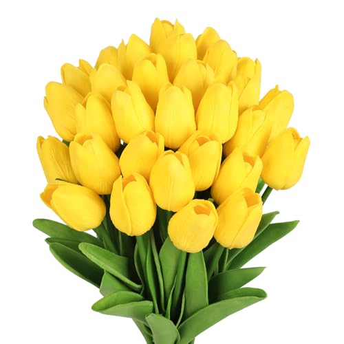 MACTING Yellow Artificial Tulip Flowers - 13.7 30PCS Real Touch Fake PU Tulips Bouquet Faux Flowers for Floral Arrangements Table Centerpieces Kitchen Indoor Home Mothers Day Decorations