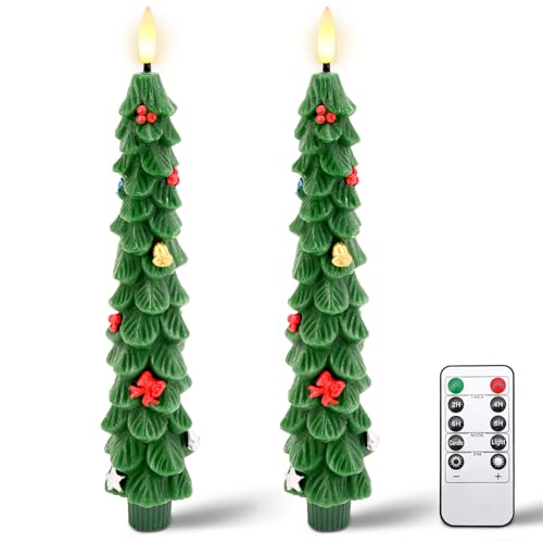 shuangjishan Christmas Tree Flameless Candles: 2Pcs LED Taper Christmas Candles Battery Operated - Green Flickering Taper Candlesticks Lights for Windowsills Fireplaces and Dining Tables (Green)