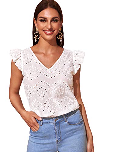 Floerns Women s V Neck Ruffle Cap Sleeve Eyelet Embroidery Blouse Tops White L