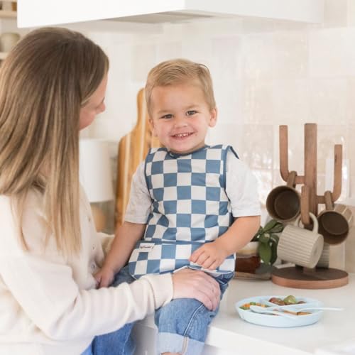 Image of Tiny Twinkle Mess Proof Baby Bib for Boys | Waterproof Toddler Bib for Eating | Baby Apron for Feeding, Machine Washable | Perfect Shower Gift (Blue Checkers, 6-24M)