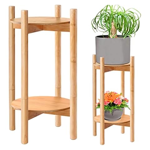 Tall Plant Stand, Bamboo Wood (Height 24-Inch, Convertible), 2-Tier Planter Holder for Flower Pots and Vases - Natural Bamboo Color Cover