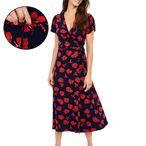 Vestido Boho de Manga Curta Feminino com Gola V PRETYZOOM Vestido de Praia Flor Casual para Festa de