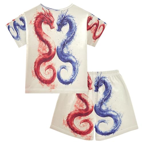 ALAZA Dragon Blue Red Watercolor Pajamas Set Short Sleeve Cotton Sleepwear Summer Pjs 2 Piece 5-14Y2