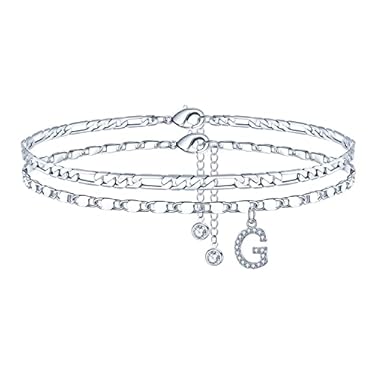 AMAZON - Silver Anklets for Women, Ankle Bracelets for Women Letter G Initial Anklets for Women Girls Dainty Layered Figaro Chain Summer Foot Jewelry Gifts for Women Teen Girls Ankle Bracelet