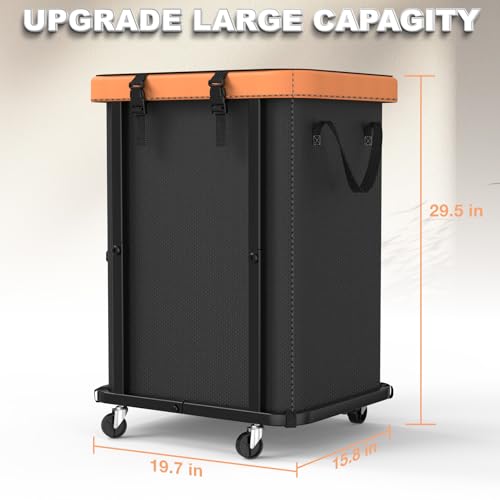 Image of 150L (40 Gal) Large Fashion Laundry Basket with Wheels, Leather Patchwork Rolling Hamper Carts, Sturdy Metal Frame, Removable Washable Bag, Tall Clothes Sorter for Bedroom, Laundry Room - Black