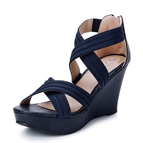 SANDALUP Back Zipper Sandals Wedges Shoes for Women Navy Blue 08