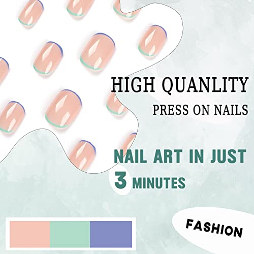 Imsohot Short Square Press On Nails Squoval French Tip Fake Nails With Nail Glue Blue Green False Nails Full Cover Acrylic Nails For Women #TOP3