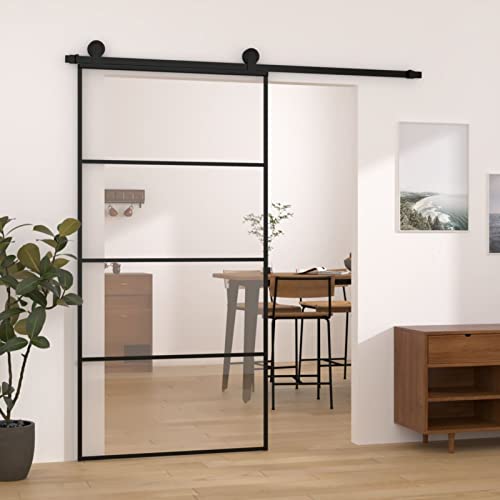 IKAYAA Puerta Corredera de Cristal con Set Herrajes Accesorio Herramienta Puerta Corredera de Aluminio y Vidrio 102.5 x 205 cm Puertas Interior Cristal para Sala de Estar Salón Habitación Negro