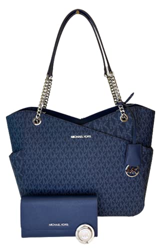 MICHAEL Michael Kors Jet Set Travel Large Chain Shoulder Tote bundled with Travel Trifold Wallet and Michael Kors Purse Hook (2021 Signature MK Admiral/Navy)