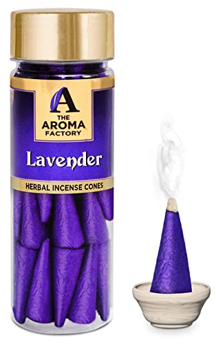 Image of The Aroma Factory Incense Dhoop Cone for Pooja, Lavender (100% Herbal & 0% Charcoal) 1 Bottle x 30 Cones