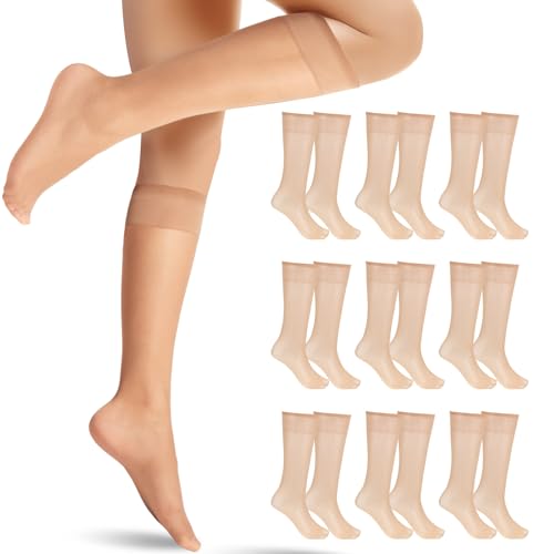 Image of 9 Pairs Knee High Stockings for Women, Light Skin Color Knee High Nylons for Women, Nude Pantyhose Reinforced Toe High Tights Sheer Nylon Stockings One Size