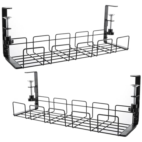 VIDETOL Under Desk Cable Management Tray Set of 2, No Drill Cable Tray for Storing Extension Cords and Hiding Wires, Metal Black Cable Rack with Clamp for Home, Office, Internet Cafe, Kitchen