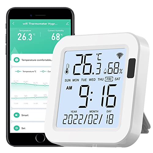 WiFi Thermometer Hygrometer: Smart Temperature Humidity Sensor with Backlit LCD Screen, Free App Alerts, Indoor Temperature Gauge Humidity Monitor Compatible with Alexa Google Assistant WiFi Thermometer Hygrometer: Smart Temperature Humidity Sensor with Backlit LCD Screen, Free App Alerts, Indoor Temperature Gauge Humidity Monitor Compatible with Alexa Google Assistant