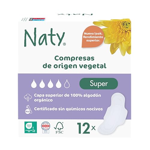 Naty Compresas Super con alas | 100% algodón orgánico certificado en contacto con la piel | Certificadas seguras | Sin perfume, 0% plástico convencional | Protección absorbente | 12 unidades