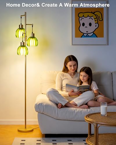 Image of Lightdot 65'' Green Glass Floor Lamp Dimmable Gold Floor Lamps with Lotus Glass Shade& 3000K Bulbs Included 3-Lights Modern Tall Standing Lamp with 5Lbs Heavy Base for Living Room /Bedroom /Sofa Beside