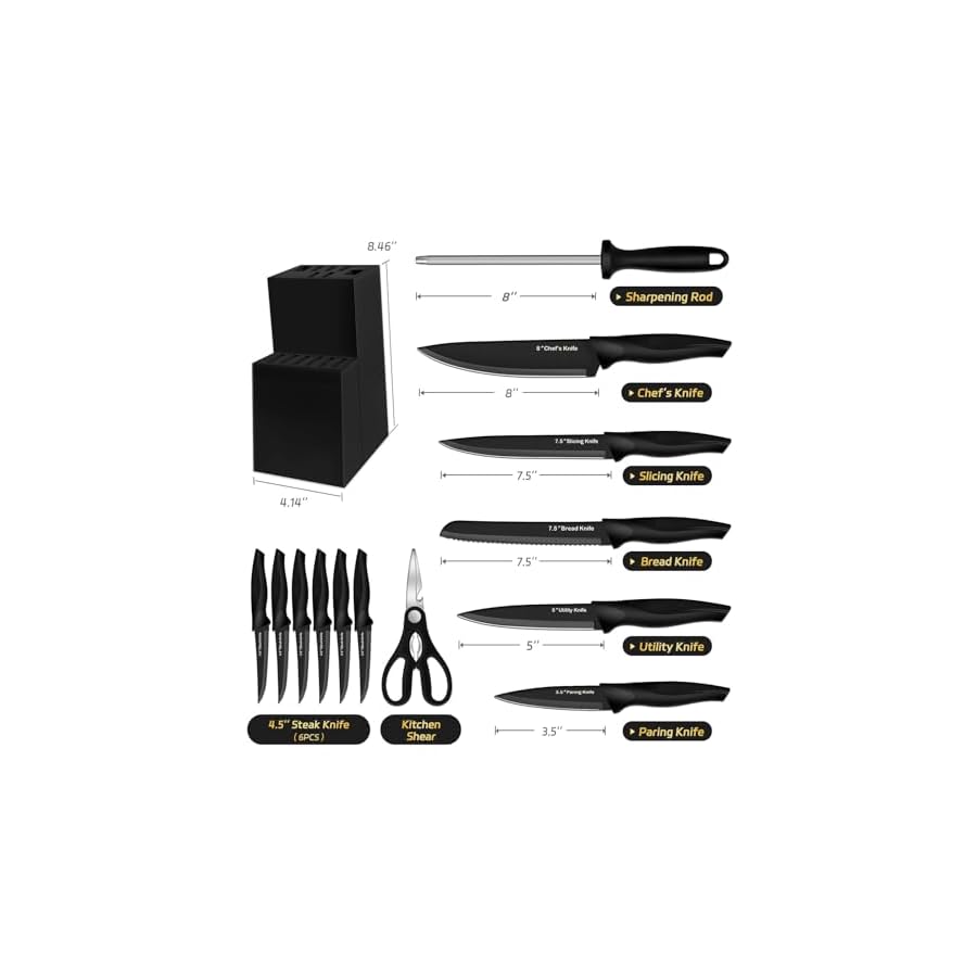 XANAPON Knife Set, 14 Pieces Kitchen Knife Set, High Carbon German Stainless Steel, Dishwasher Safe Cutlery, Black