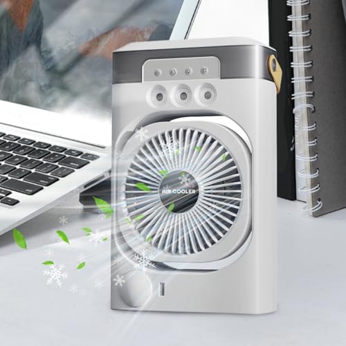 Tischventilator- ABS 26 x 16 cm | USB Luftkühler Lüfter mit 3 Gängen, 3 Düsen, 600ml Wassertank, 7 Farben Nachtlicht, 120 Grad Neigung, USB Typ C pe-3