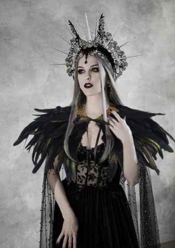 HOMELEX Black Witch Feather Collar Crow Shawl Costume Halloween Swan Wings Accessories Cape for Women - Thumbnail 7