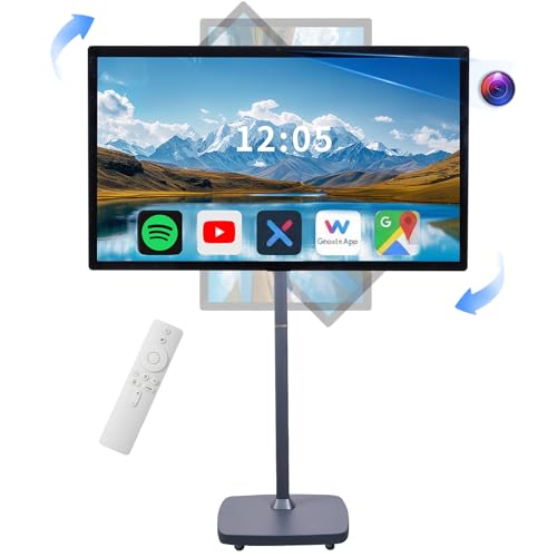 Image of 32 Inch Smart Portable TV on Wheels,FHD Touch-Screen-Monitor,Wireless RollableTV, 8G RAM,128G Storage,Built-in 6-8H Battery,Android 14,Full Swivel Rotation,Remote Control (Grey)