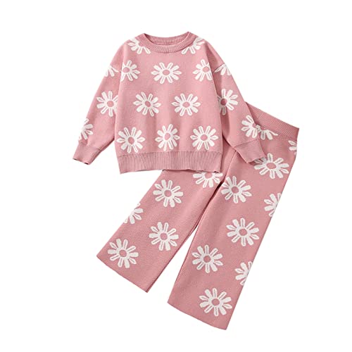 Toddler Baby Girl Fall Outfit Knit Flower Print Sweater Shirt Pullover Top High Waist Long Pant Fall Winter Clothes (Pink Flower, 1-2 Years) #TOP6