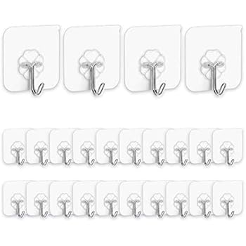 Adhesive Hooks Kitchen Wall Hooks- 24 Packs Heavy Duty 13.2lb(Max) Nail Free Sticky Hangers with Stainless Hooks Reusable Utility Towel Bath Ceiling Hooks (Adhesive Hooks)