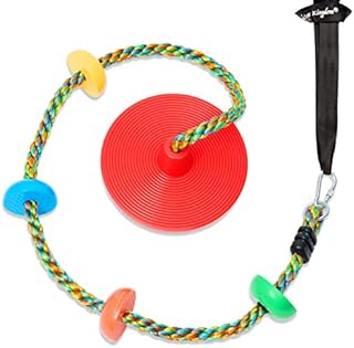 Jungle Gym Kingdom Tree Swing for Kids - Single Disc Seat and Rainbow Climbing Rope Set w/ Carabiner and 4 Foot Strap - Treehouse and Outdoor Playground Accessories - Red