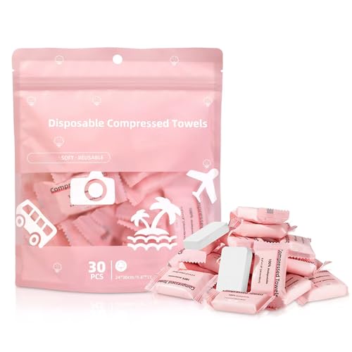 Compressed Towels Tablets Disposable Face Towels 2026 New Portable Cotton Coin Tissues Soft Thick Expandable Towels Compressed Face Towels for Travel Home Outdoor Makeup Removal (30 Pink)