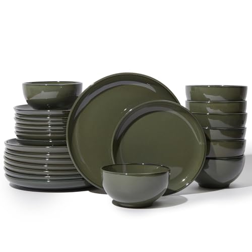 Image of Pokini 24 Piece Dinnerware Set for 8, Santorini Mist Terracotta Plates and Bowls Sets, Complete Stoneware Dish Set for Large Families and Entertaining, Microwave & Dishwasher Safe, Blackish Green