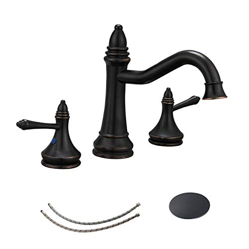 Bathfinesse Widespread Bathroom Faucet 8 Inch 3 Holes with 2-Handles Vanity Oil Rubbed Bronze Deck Mount with Pop Up Drain Stopper Supply Lines Hose Lead-Free