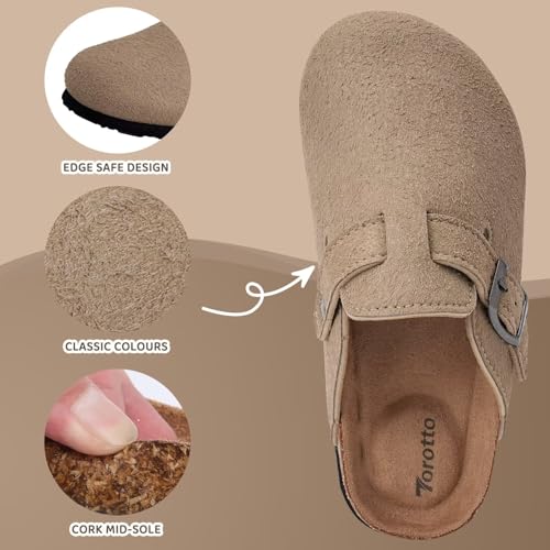 Image of Torotto Kids Suede Clogs Cork Footbed Toddler Slippers with Arch Support & Adjustable Straps for Boys Girls Indoor & Outdoor