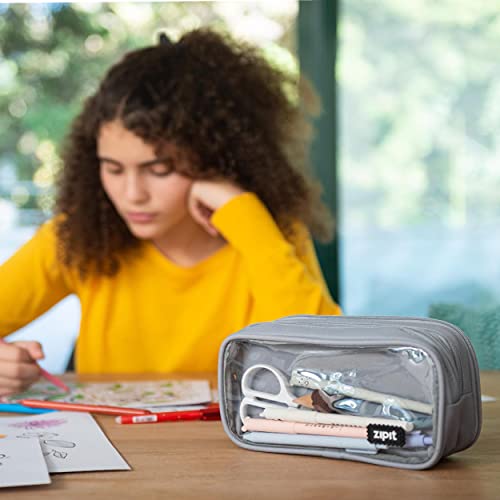 Image of ZIPIT Half & Half Pencil Case, 3 Compartment Zipper Pouch for School, Stationery Bag for Teen Girls Boys and Adults, Grey