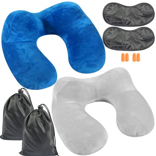 Oreiller Gonflable de Voyage,2 Sets Coussin Voyage Ergonomique,Compact Coussin de Voyage avec Taie d'oreiller Lavable, avec Masque pour Dormir+ Bouchons d’Oreilles + Sac Transport,pour Avion et Train