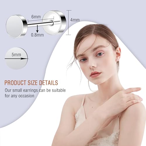 ZDE Women Earrings Flat Back Dot Earrings Titanium Hypoallergenic Cartilage Non-Nickel Earrings Studs for Sensitive Ears Simple Classic 3mm/4mm/5mm/6mm Screw On Stud Earring4