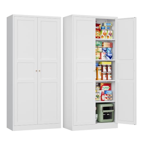 Letaya White Storage Cabinet with Adjustable Shelves-Metal Home Kitchen Pantry Cabinets with Doors,Organization Locker for Cupboard/Bedroom/Dining/Living/Bathroom/Office/Garage Room