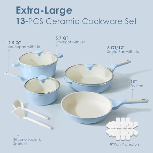 Image of SENSARTE Nonstick Ceramic Cookware Set Large 13-Piece, Healthy Pots and Pans Set Dishwasher Safe, Non-toxic Kitchen Cooking Set with Stay-Cool Handles, Induction Compatible, PFAS Free, Blue