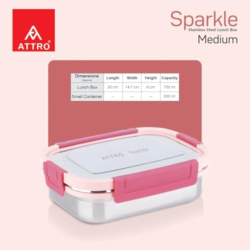 Image of ATTRO Sparkle Medium Stainless Steel Lunch Box 2-Piece Set - 800ml + 150ml - Leak-Proof, BPA-Free, Compact & Durable - Ideal for Kids, Office, Travel - Peach