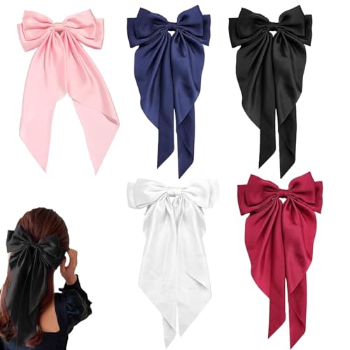 5 Pcs Bow Hair Clips Black Hair Bows Colorful Bow Hair Clips Solid Color Bow Long Tail French hair Bows for Women Girl Soft Satin Big Bow Hair Barrette for Girls Barrettes Hair Fastener Accessories