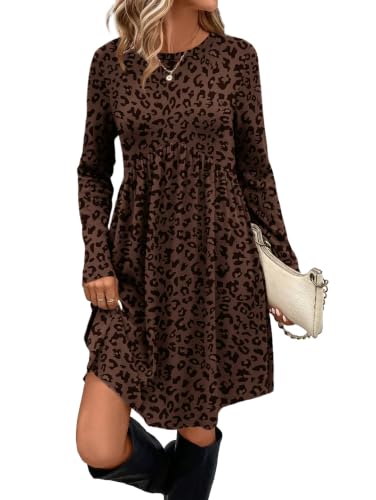 Image of OFEEFAN Long Sleeve Dress for Women Crew Neck Empire Waist Tunic Dress with Pockets