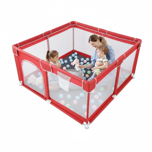 Image of Baby Playpen with Balls - Portable Play Yard with Mesh Panels for Safety & Visibility, Indoor /Outdoor Toddler Activity Fence for Boys & Girls (Red)