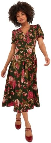 Joe Browns Vintage Floral V-Neck Puff Sleeve Midi Dress Casual Women's Dress  (Pack of 1), Green : Amazon.com.be: Fashion