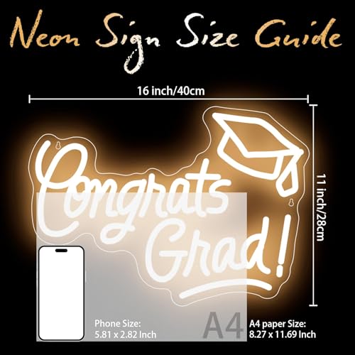 Image of Congrats Grad Neon Sign with Graduation Cap, 16*11In Warm White Grad Light Up Led Sign for Class of 2026 Graduation Party Decorations Prom Celebration Gifts Kindergarten High School College Wall Decor