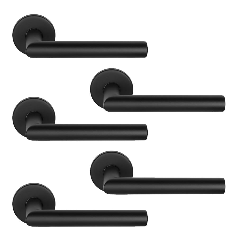 Jdel Pack of 5 Sets of Black Rosette Handle L Straight for Interior Doors, 53mm